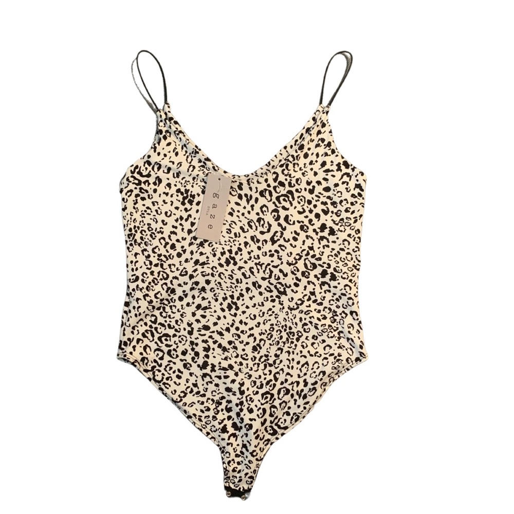 Womens Black /white Leopard V- Neck Leotard Bodysuit NWT size M